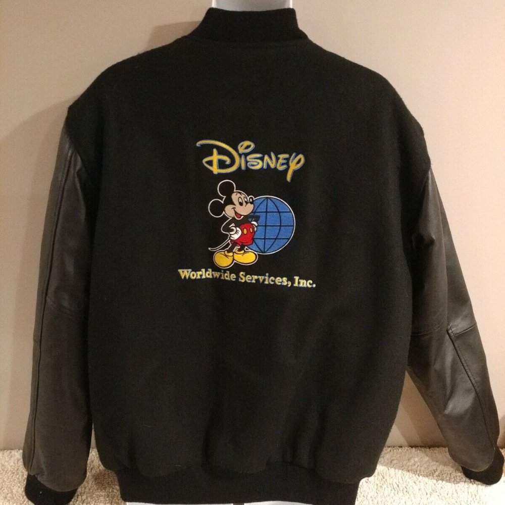 Enza Black Wool Leather Embroidered Disney World Services Varsity Jacket Mens L